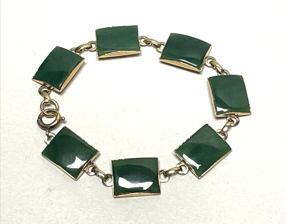 Vintage TCF 1/20 12K Gold Filled Green Jade Panel Link Bracelet 7" Art Deco